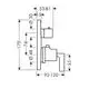 Diagramm eines AXOR Thermostats mit Ab- und Umstellventil sowie Hebelgriff. Es zeigt Maße und Anschlussdetails für die Montage.